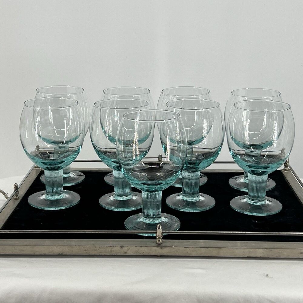 Set of 9 Aqua Teal Wine Water Goblets Ribbed Stem Coastal Glassware 6.5”